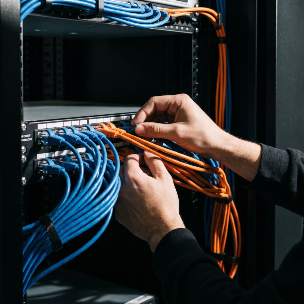 Close-up of structured network cabling in a server rack
